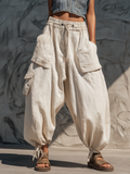 Beige Linen Blend Baggy Cargo Harem Pants