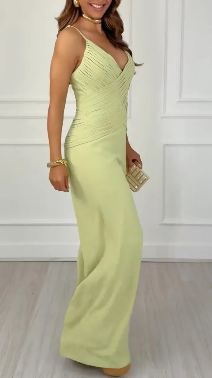 V Neck Ruched Bodice Wide Leg Jumpsuit