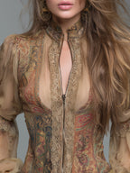 Bohemian-style Printed Chiffon Blouse With Lace Trim