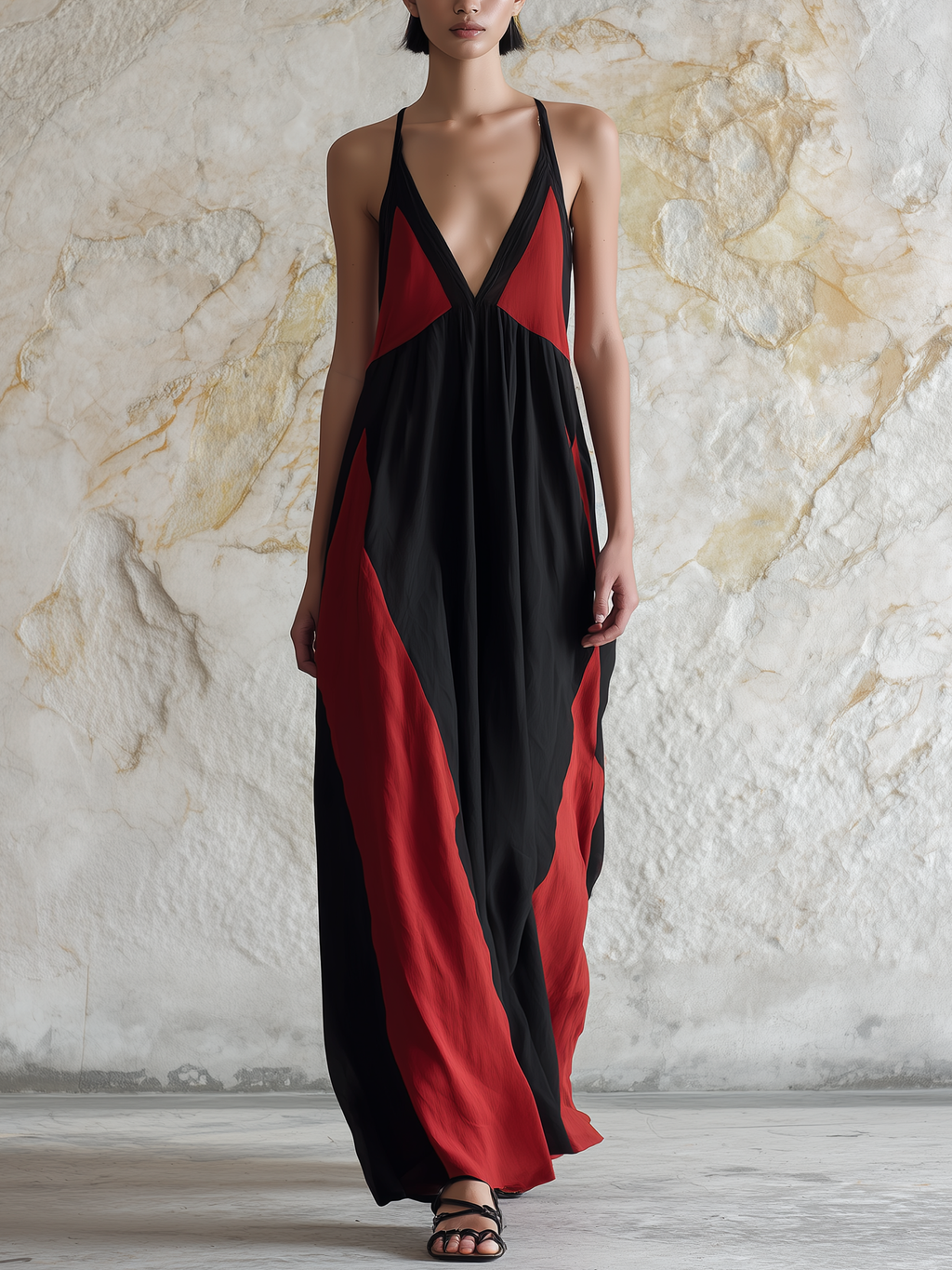 Black & Red Colorblock Halter Neck Backless Maxi Dress