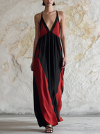 Black & Red Colorblock Halter Neck Backless Maxi Dress