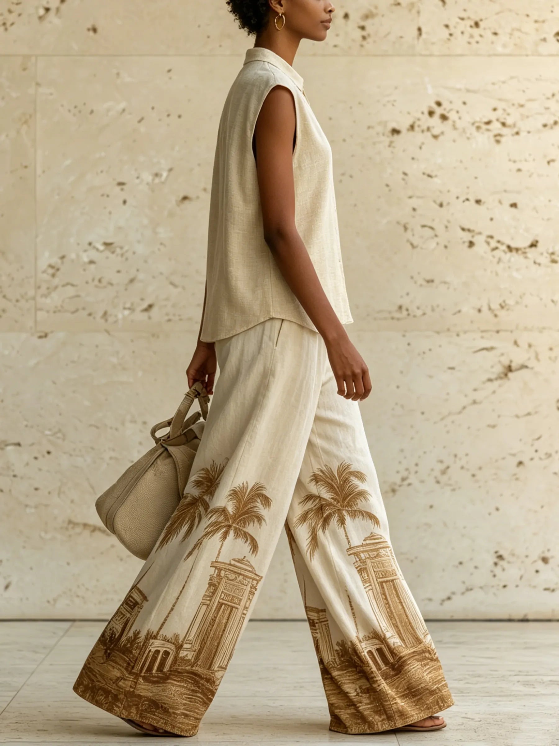 Beige Linen-Blend Sleeveless Top & Palm Print Wide-Leg Pants Set