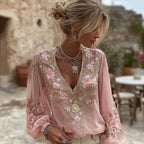 Women's Pink Floral Embroidered Art V-neck Blouse