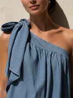 Blue Striped Denim One Shoulder Maxi Dress