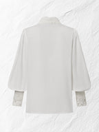 Linen Shirt, Long Sleeves, Stand Collar, Plain, Lace, Vintage, Ivory