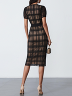 Black Organza Plaid Classic V Neck Short Sleeve Sheath Midi Dress