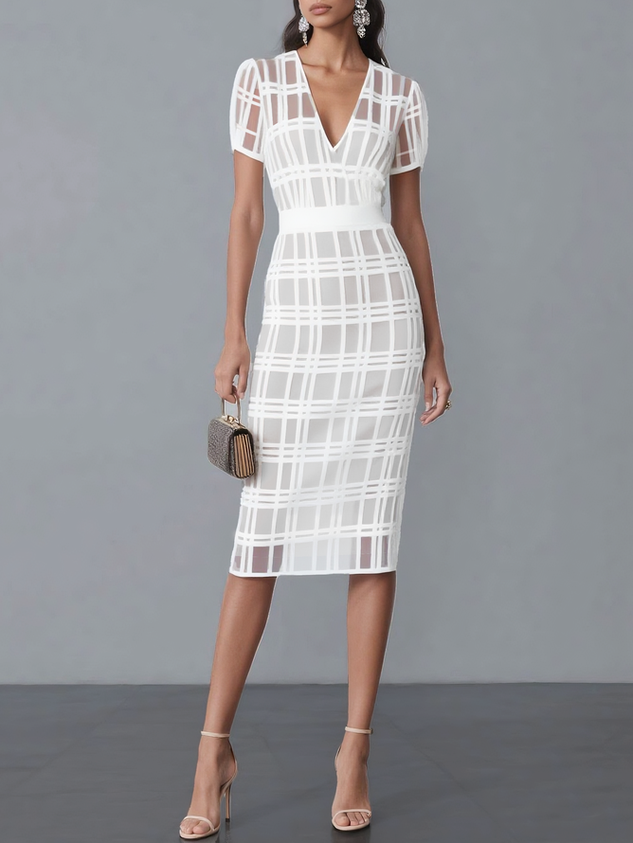 Purplish blue Organza Plaid Classic V Neck Short Sleeve Sheath Midi Dress