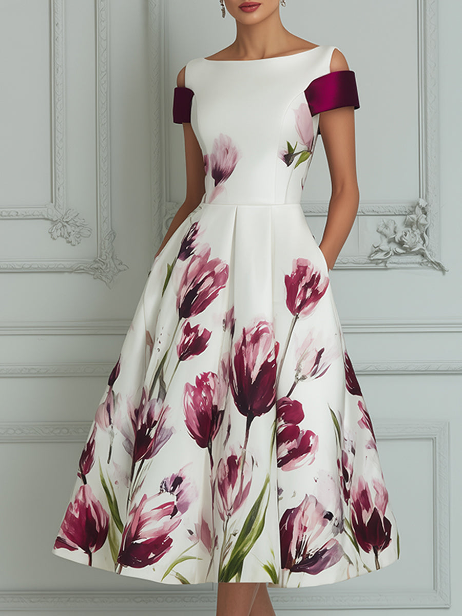 Elegant Floral Print Midi Tea Dress