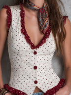 Retro Polka Dot Fitted Vest With Ruffled Trim