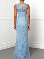 Light Blue Lace Boat Neck Sleeveless Mermaid Floor-length Gown Dress