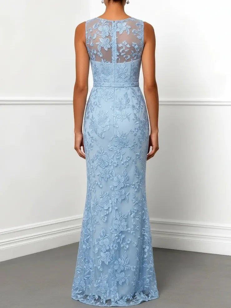 Light Blue Lace Boat Neck Sleeveless Mermaid Floor-length Gown Dress