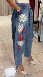 Floral Print Rhinestones Light Denim Harem Pants