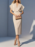 Light Blue Slit Classic V Neck Short Sleeve Dolman Sleeve Sheath Midi Dress With Belt