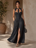 Bustier Halter Neck Maxi Dress With Front Slit