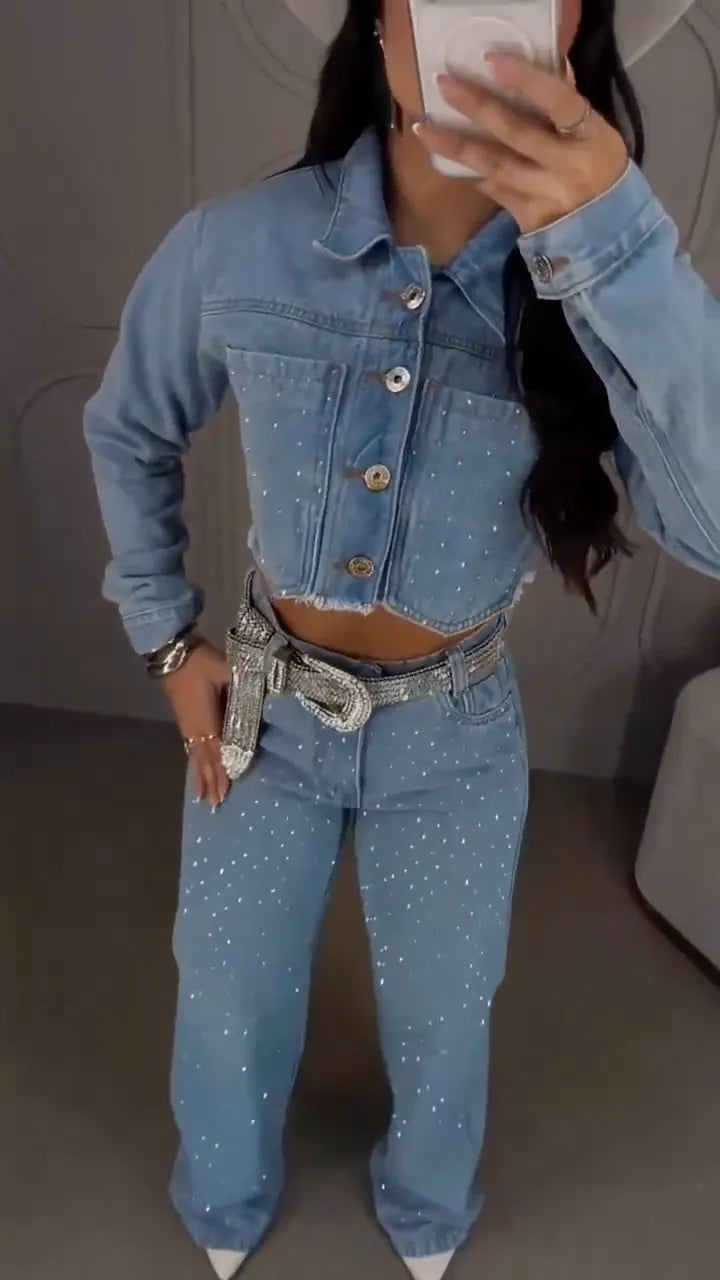 Rhinestone Cropped Denim Jacket & Flare Jeans Set
