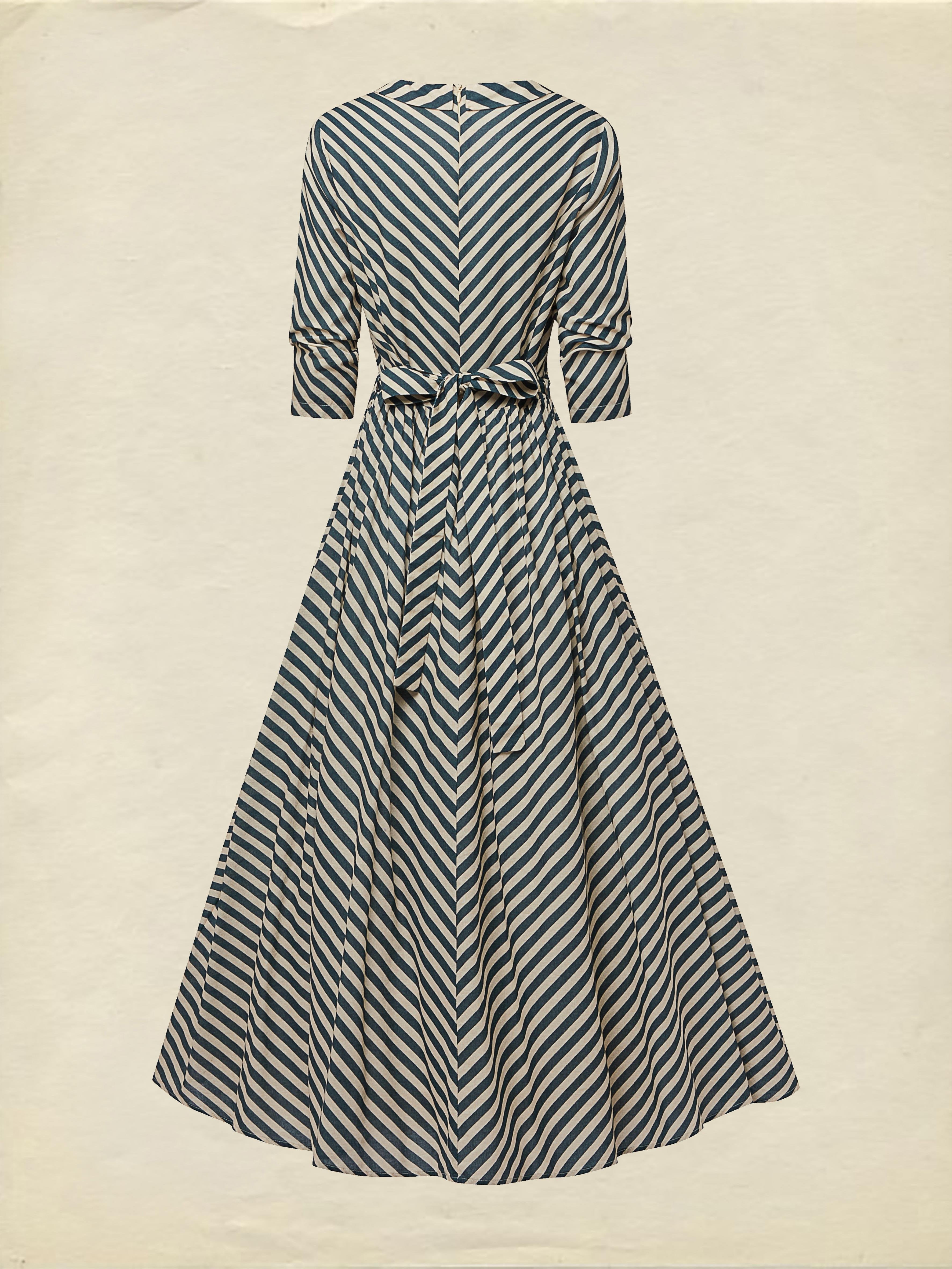 Maxi Cotton Dress, Half Sleeve, V Neck, Striped, French Vintage, Blue