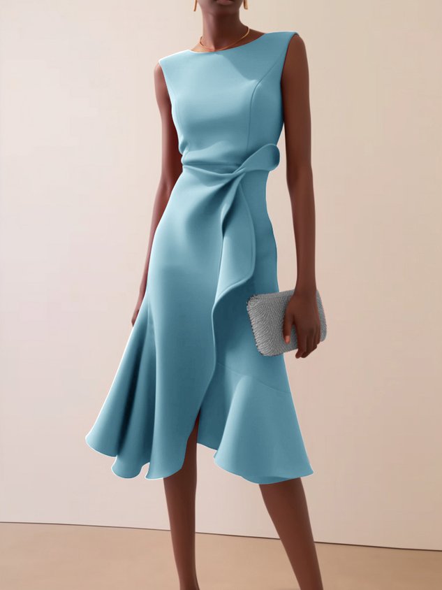 Apricot White Sleeveless Midi Elegant A-line Dress with Waist Twist for Day-to-Night