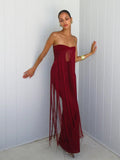 Burgundy Strapless Fringe Cut-Out Maxi Evening Gown