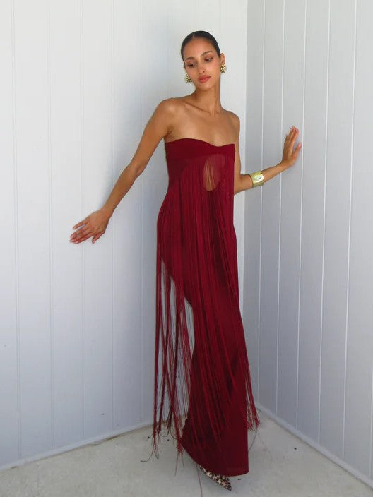 Burgundy Strapless Fringe Cut-Out Maxi Evening Gown