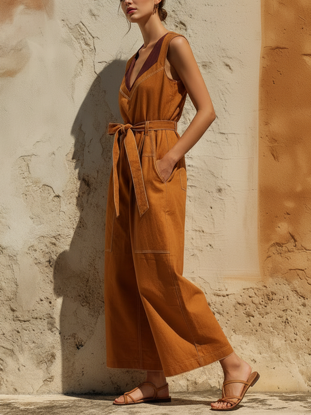 Rust Orange Washed Cotton Sleeveless Belted Wide Leg Jumpsuit