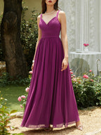 Purple Pleated Chiffon Spaghetti Gallus A-Line Maxi Bridesmaid Dress