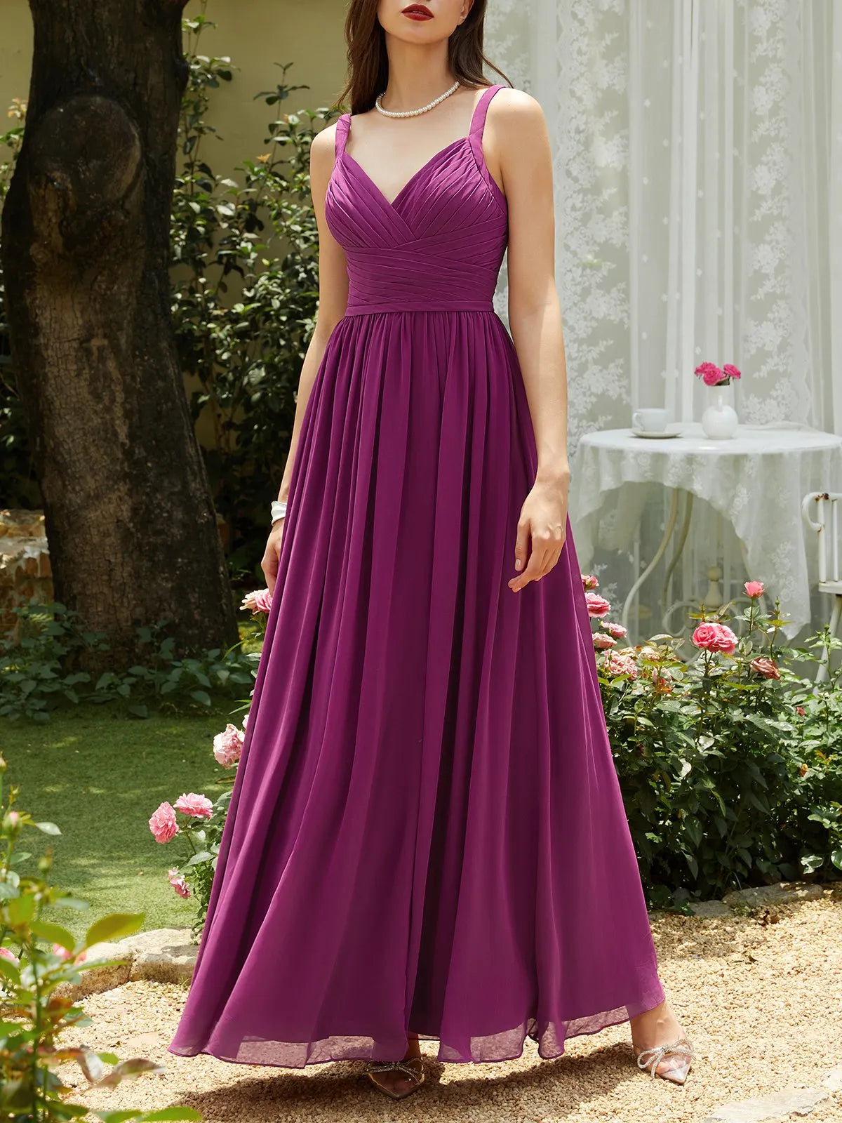 Purple Pleated Chiffon Spaghetti Gallus A-Line Maxi Bridesmaid Dress