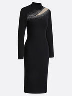 Black Rhinestone Cut Out Knit Mock Neck Long Sleeve Sheath Midi Dress