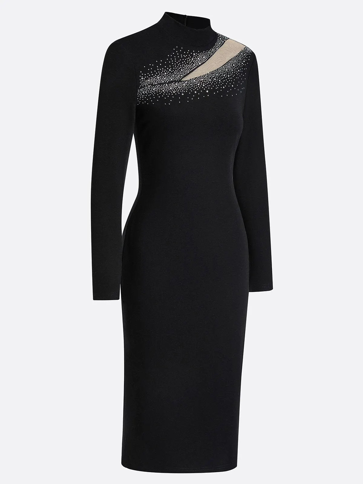 Black Rhinestone Cut Out Knit Mock Neck Long Sleeve Sheath Midi Dress