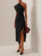 Black Asymmetrical Ruched One-Shoulder Slit A-Line Midi Dress