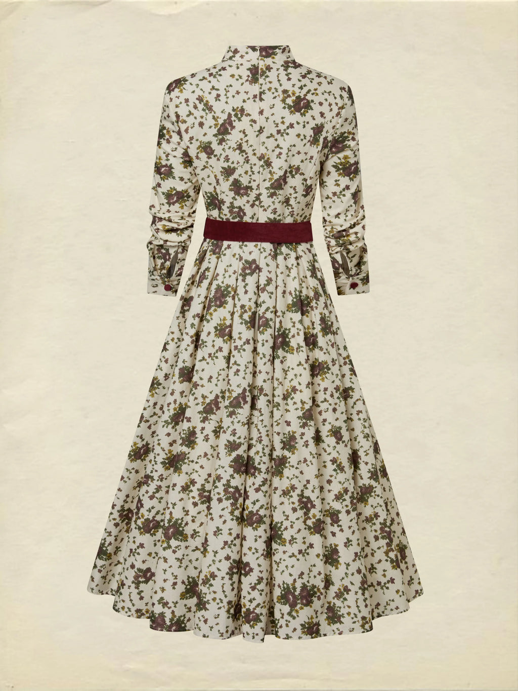 Midi Linen Dress, Long Sleeves, Shawl Collar, Floral, Belt Design, Vintage, Apricot