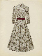 Midi Linen Dress, Long Sleeves, Shawl Collar, Floral, Belt Design, Vintage, Apricot