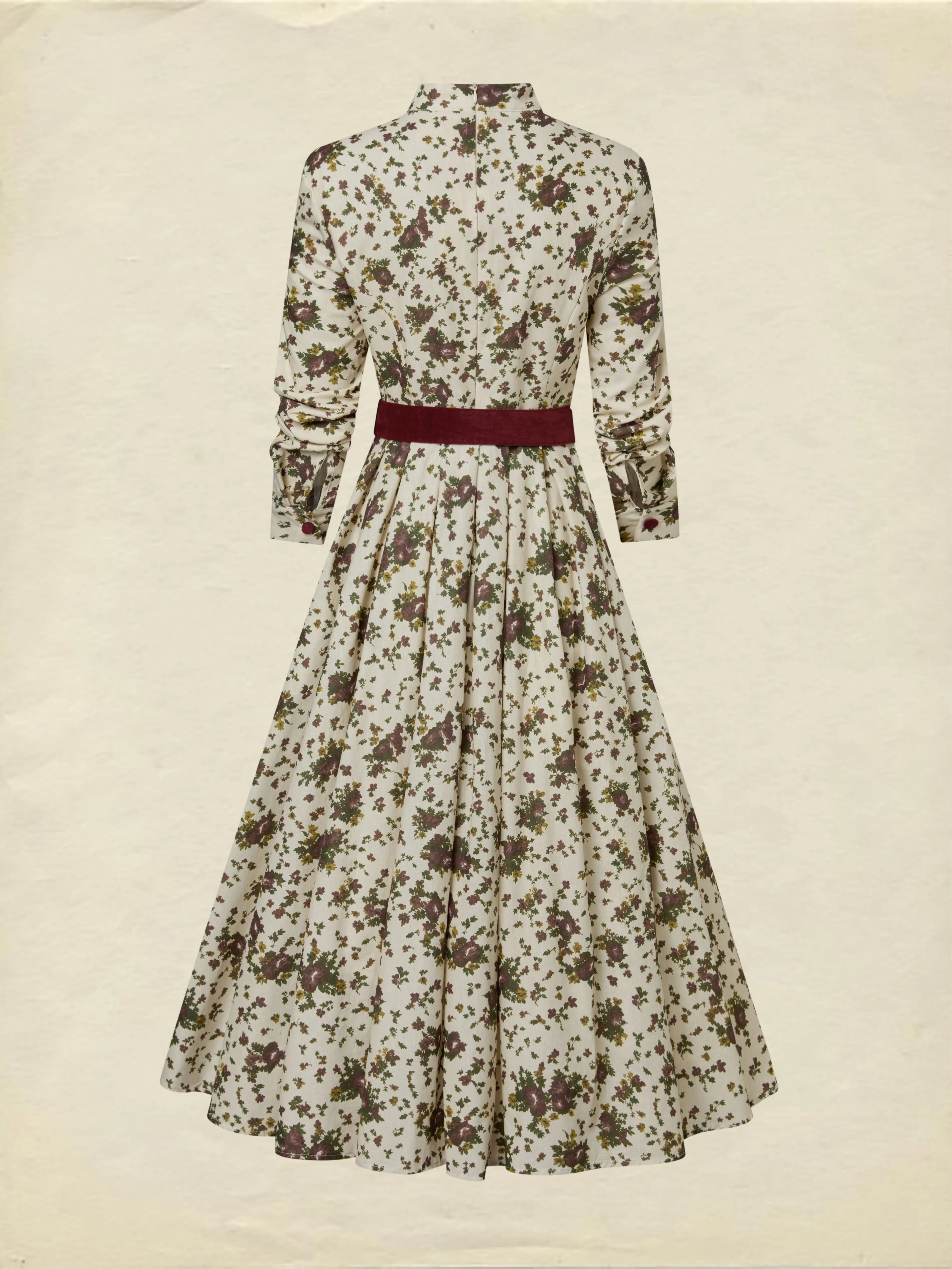 Midi Linen Dress, Long Sleeves, Shawl Collar, Floral, Belt Design, Vintage, Apricot
