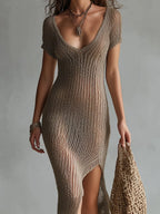 Boho Hollow Knitted Single Side Slit Midi Dress