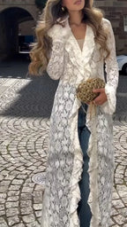 Lace Ruffle Trim Long Sleeve Open Front Maxi Duster Cardigan
