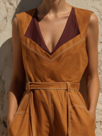 Rust Orange Washed Cotton Sleeveless Belted Wide Leg Jumpsuit