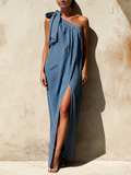 Blue Striped Denim One Shoulder Maxi Dress