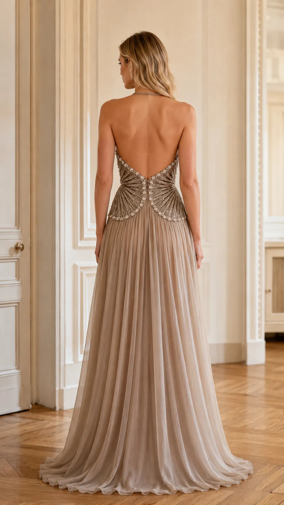 Taupe Halter Beaded Pleated Tulle Gown