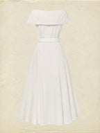 Midi Linen Dress, Short Sleeves, Shawl Collar, Plain, Button Design, French Vintage, White
