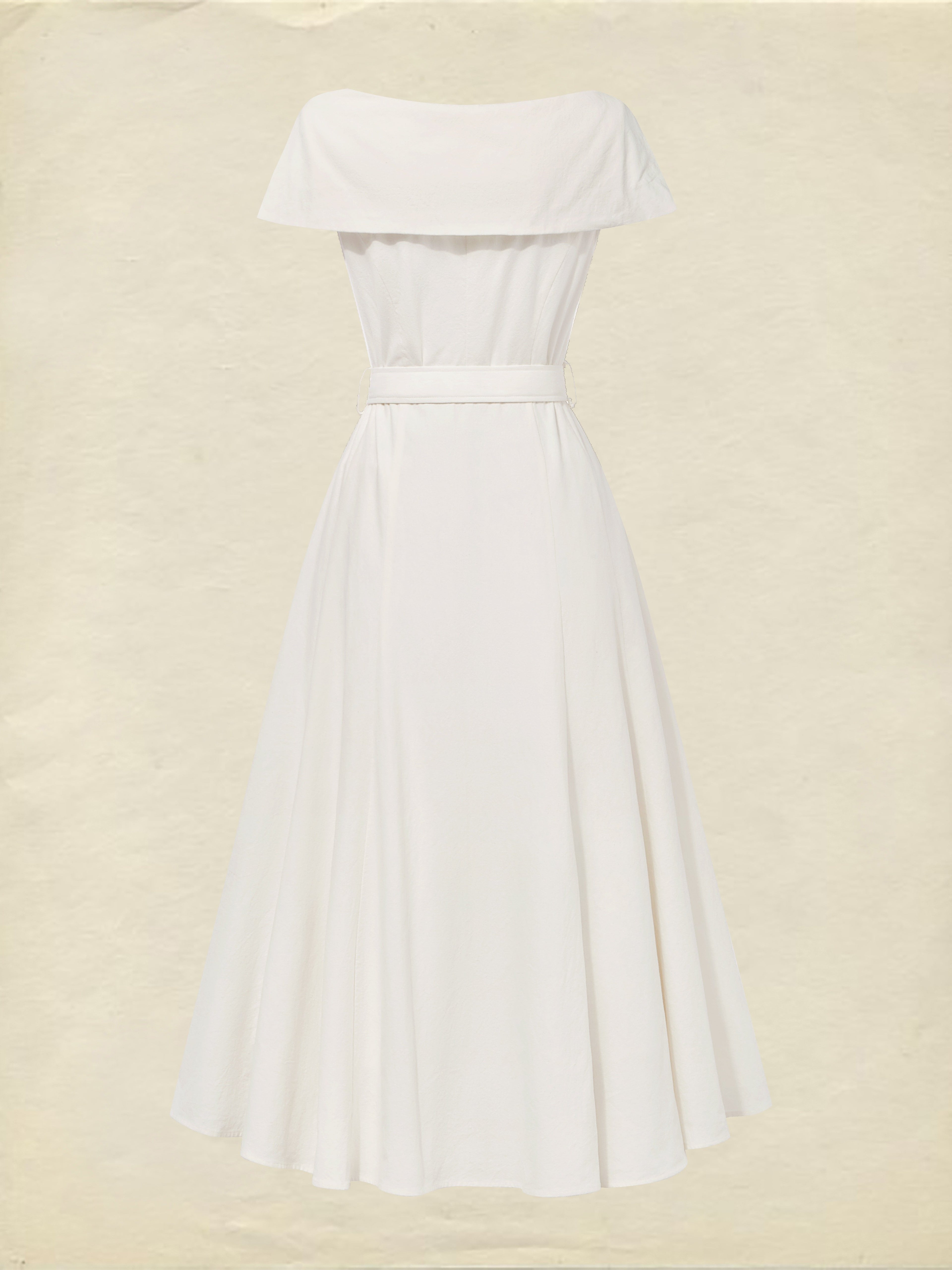 Midi Linen Dress, Short Sleeves, Shawl Collar, Plain, Button Design, French Vintage, White
