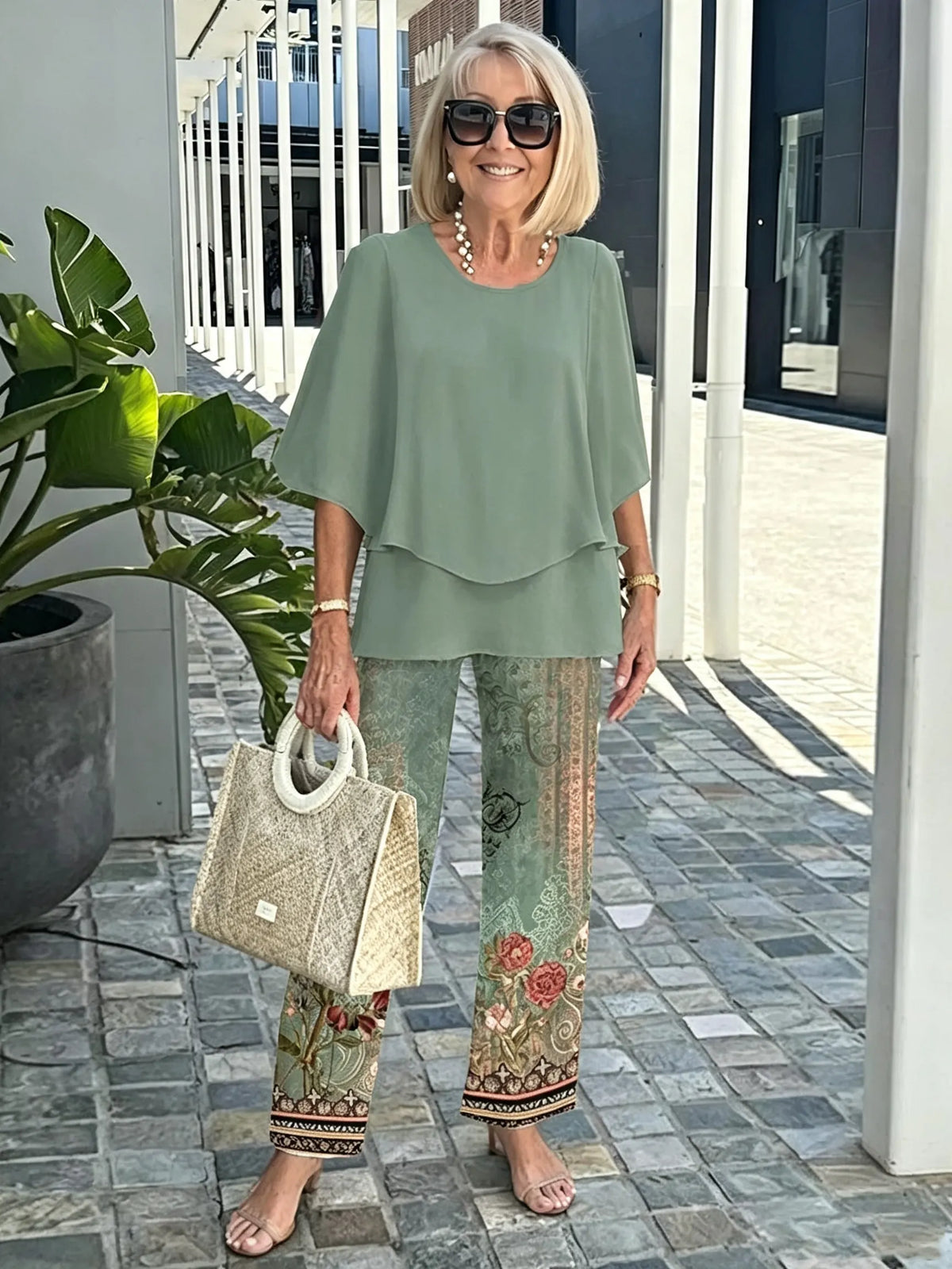 Women's 2 Piece Outfits Set, Crew Neck Flutter Sleeve Layered Blouse & Leaf Print Straight Leg Pants, Casual Loose Matching Two Piece Set for Summer Daily Wear