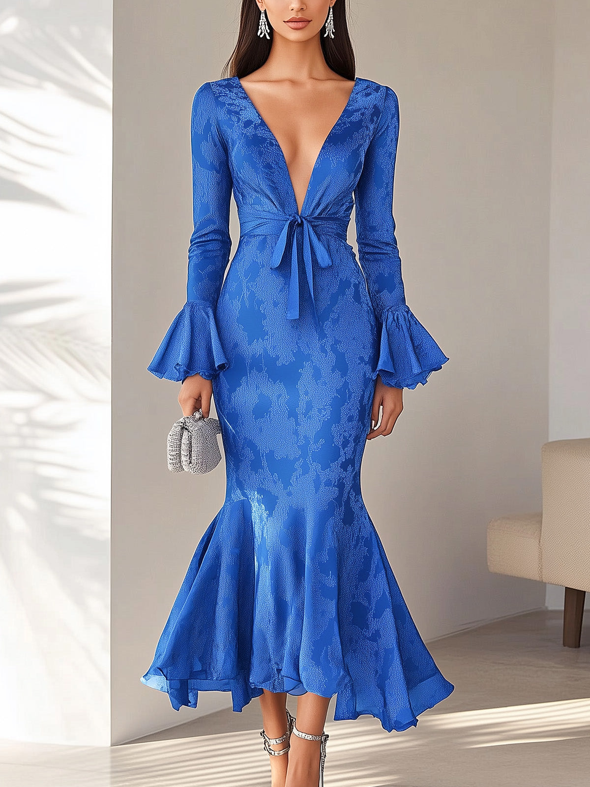 Elegant Blue Satin Jacquard Trumpet Sleeve Dress