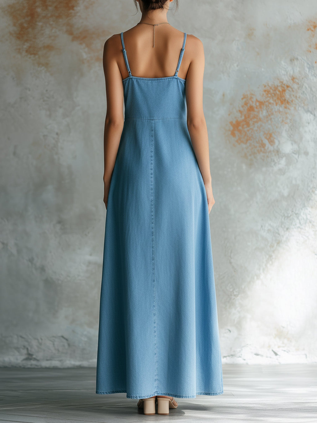Wrap V-Neck Sleeveless Denim Maxi Dress