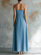 Wrap V-Neck Sleeveless Denim Maxi Dress