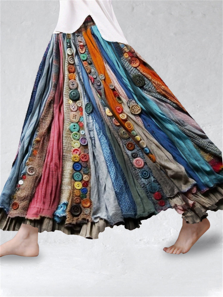 Boho Colorful Textile Flowy Linen Blend Wide Skirt f616