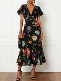 Black Floral Chiffon V Neck Short Sleeve Bell Sleeve A-Line Midi Dress