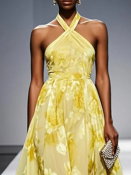 Yellow Floral Jacquard Chiffon Halter Sleeveless A-Line Midi Dress