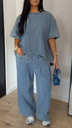 Women's Washed Blue Loose Wide-Leg Denim Trousers – Two-Piece Set