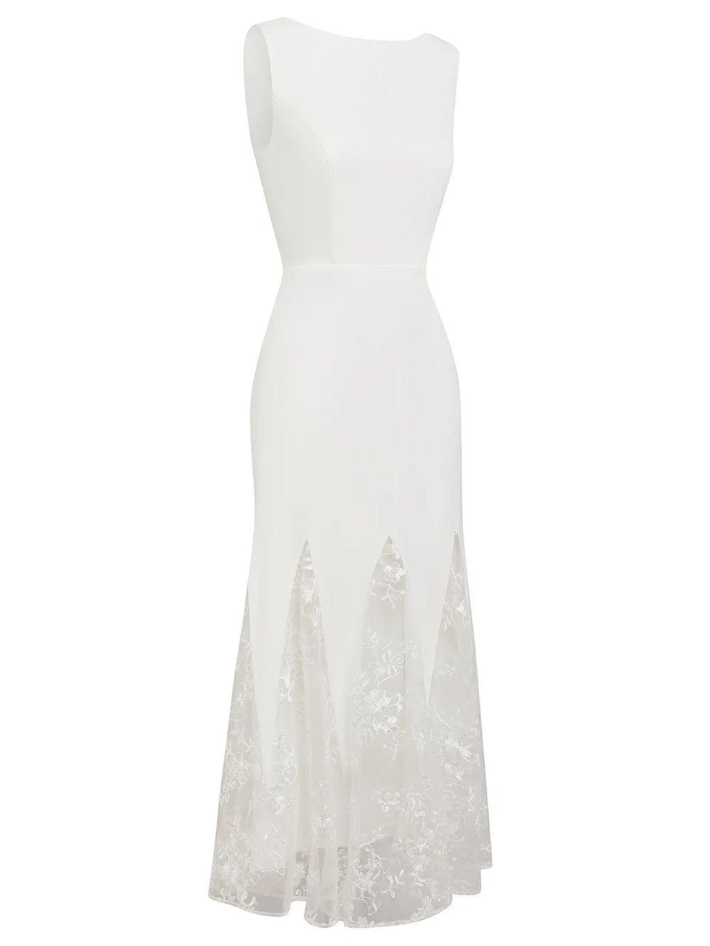 White Lace Boat Neck Sleeveless Mermaid Maxi Dress