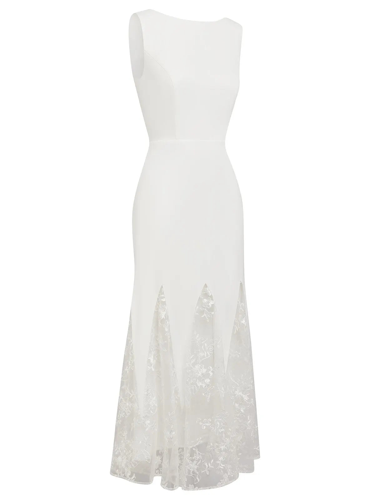 White Lace Boat Neck Sleeveless Mermaid Maxi Dress