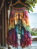 Summer ruffled cotton and linen patchwork contrast color pants c815
